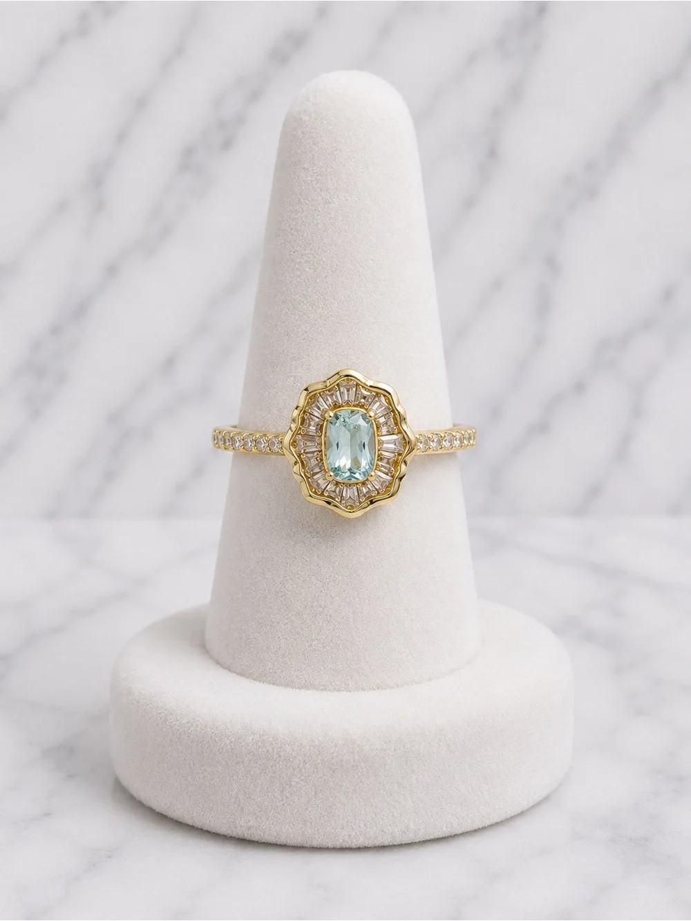 18K Gold Filled Blue Halo Ring | AAA CZ Stones | Size 10 | NWOT | Elegant Statem
